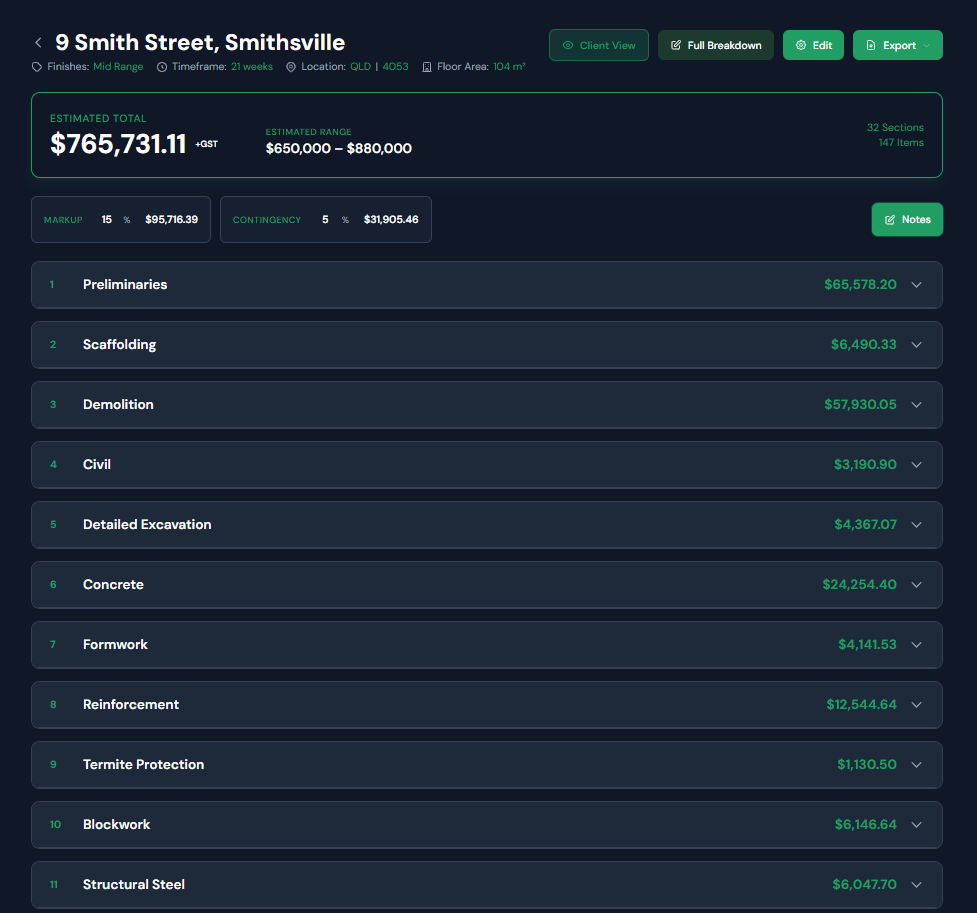 PrelimPro estimate overview for 9 Smith Street, Smithsville